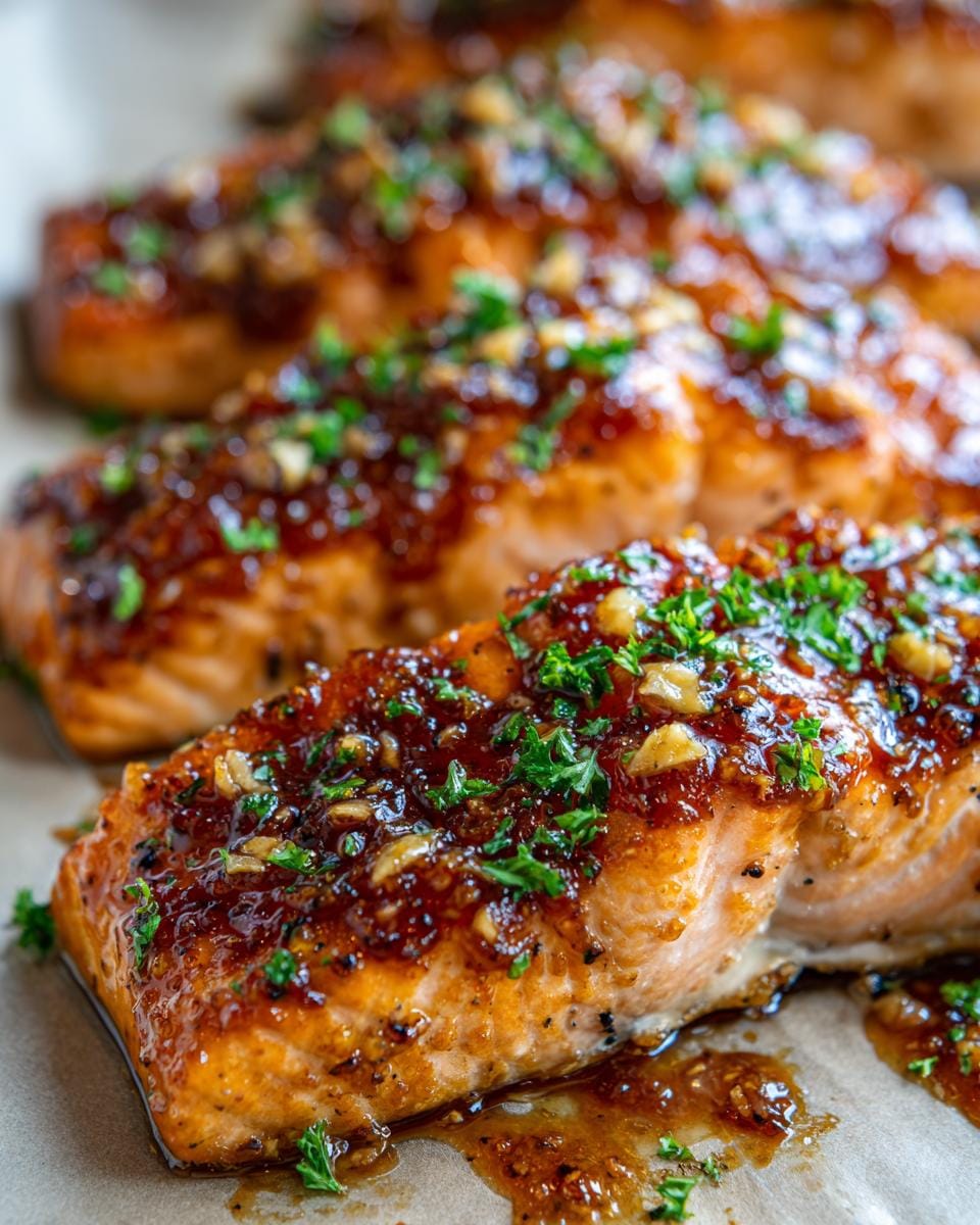 Close-up of perfectly cooked Honey Glazed Salmon fillets, topped with a glistening glaze and fresh parsley.