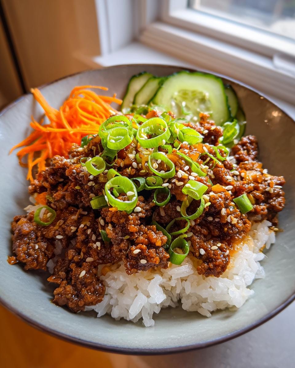 A close-up of a Korean Ground Beef Bowl, featuring savory ground beef over white rice, topped with green onions and sesame seeds, with shredded carrots and cucumber slices on the side.