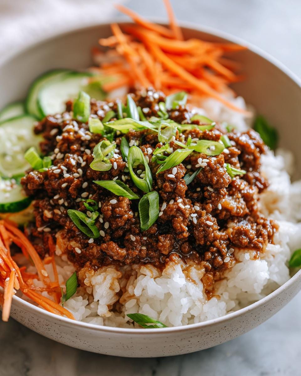 A close-up of a Korean Ground Beef Bowl, featuring seasoned ground beef over white rice, topped with sesame seeds and green onions, with cucumber and carrot garnishes.