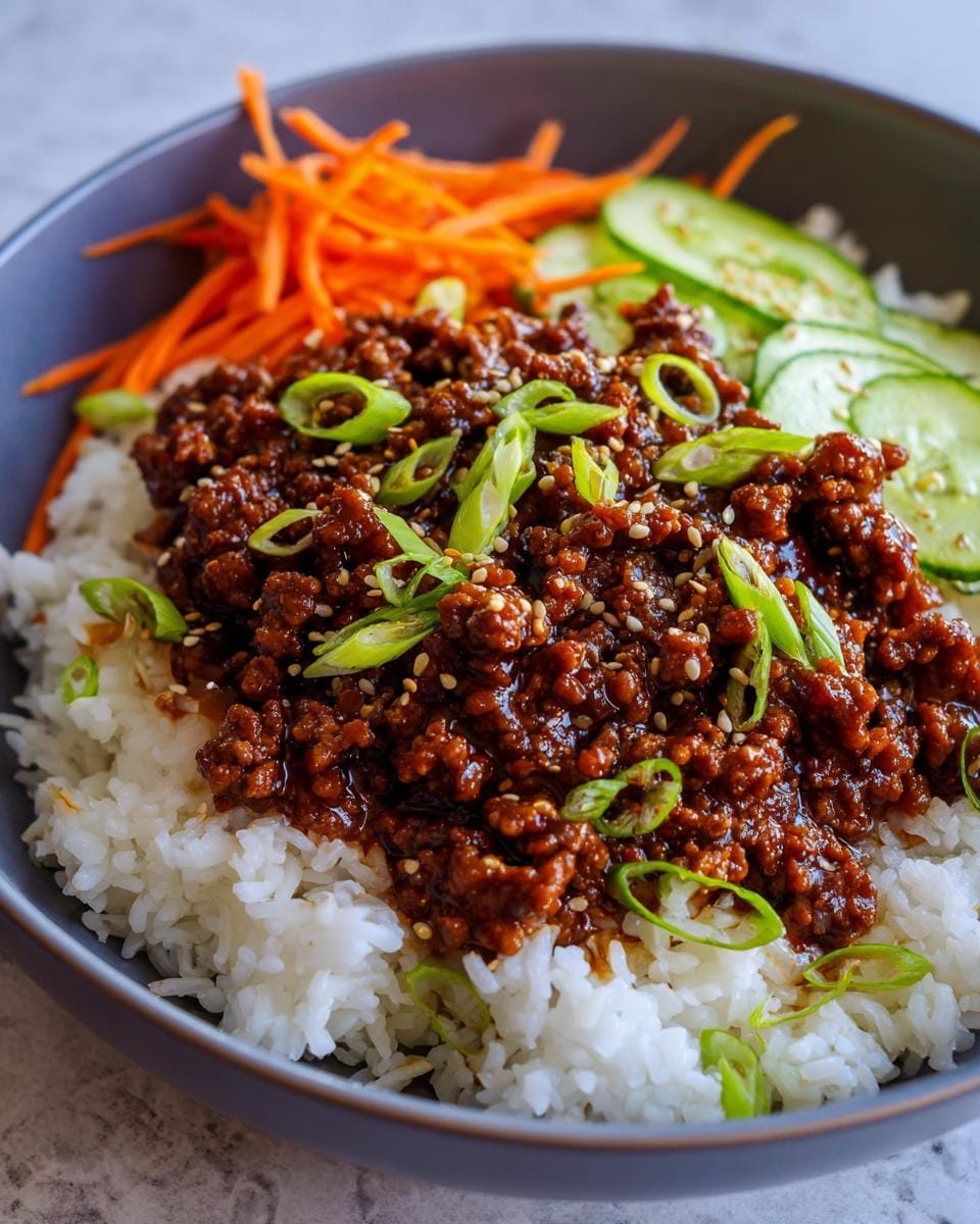Close-up of a Korean Ground Beef Bowl with white rice, seasoned ground beef, shredded carrots, and cucumber slices.