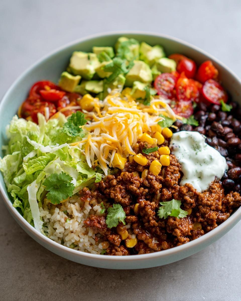 A colorful Lean Ground Beef Taco Bowl filled with rice, seasoned ground beef, black beans, corn, lettuce, tomatoes, avocado, cheese, and sour cream.