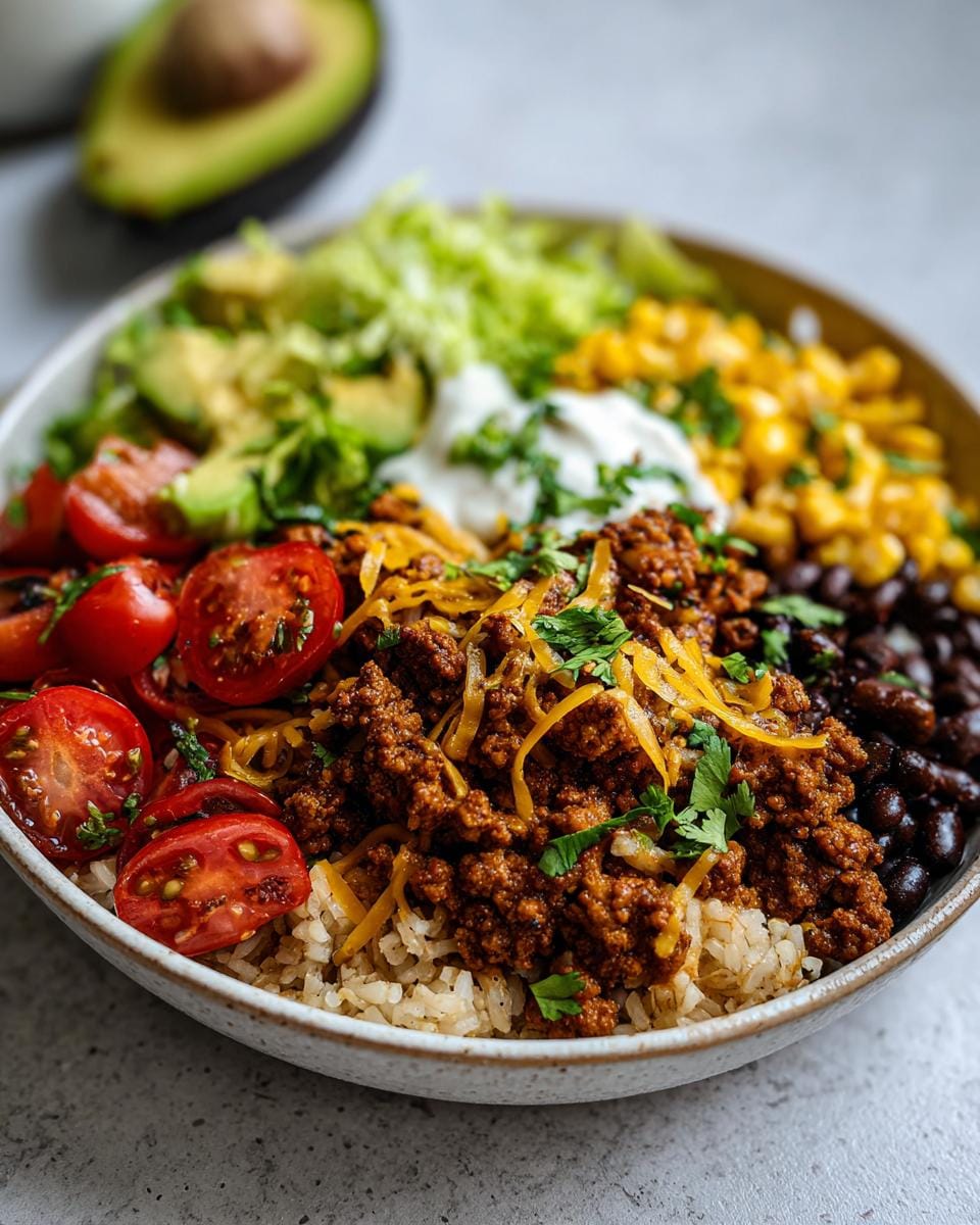 A vibrant Lean Ground Beef Taco Bowl filled with rice, seasoned beef, black beans, corn, tomatoes, avocado, lettuce, and sour cream.