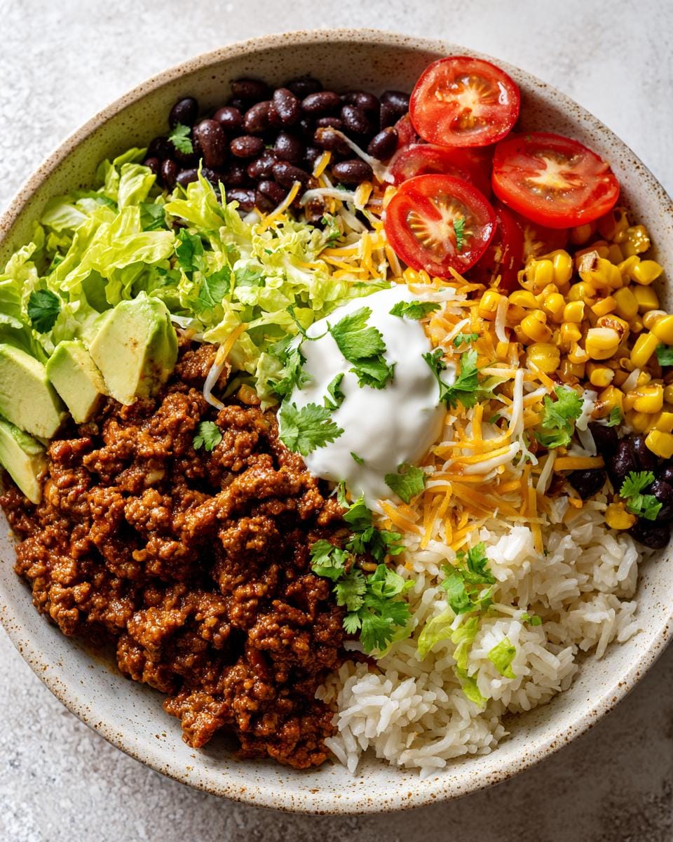 A vibrant Lean Ground Beef Taco Bowl filled with seasoned ground beef, rice, black beans, corn, lettuce, avocado, tomatoes, cheese, and sour cream.