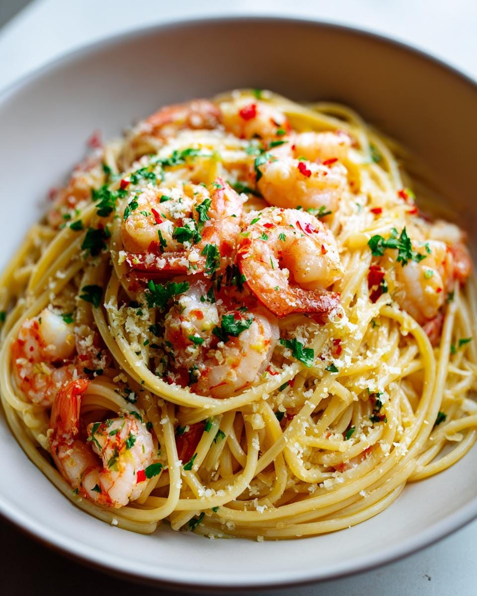 A close-up of a bowl of lemon garlic shrimp pasta, topped with fresh parsley and grated cheese.