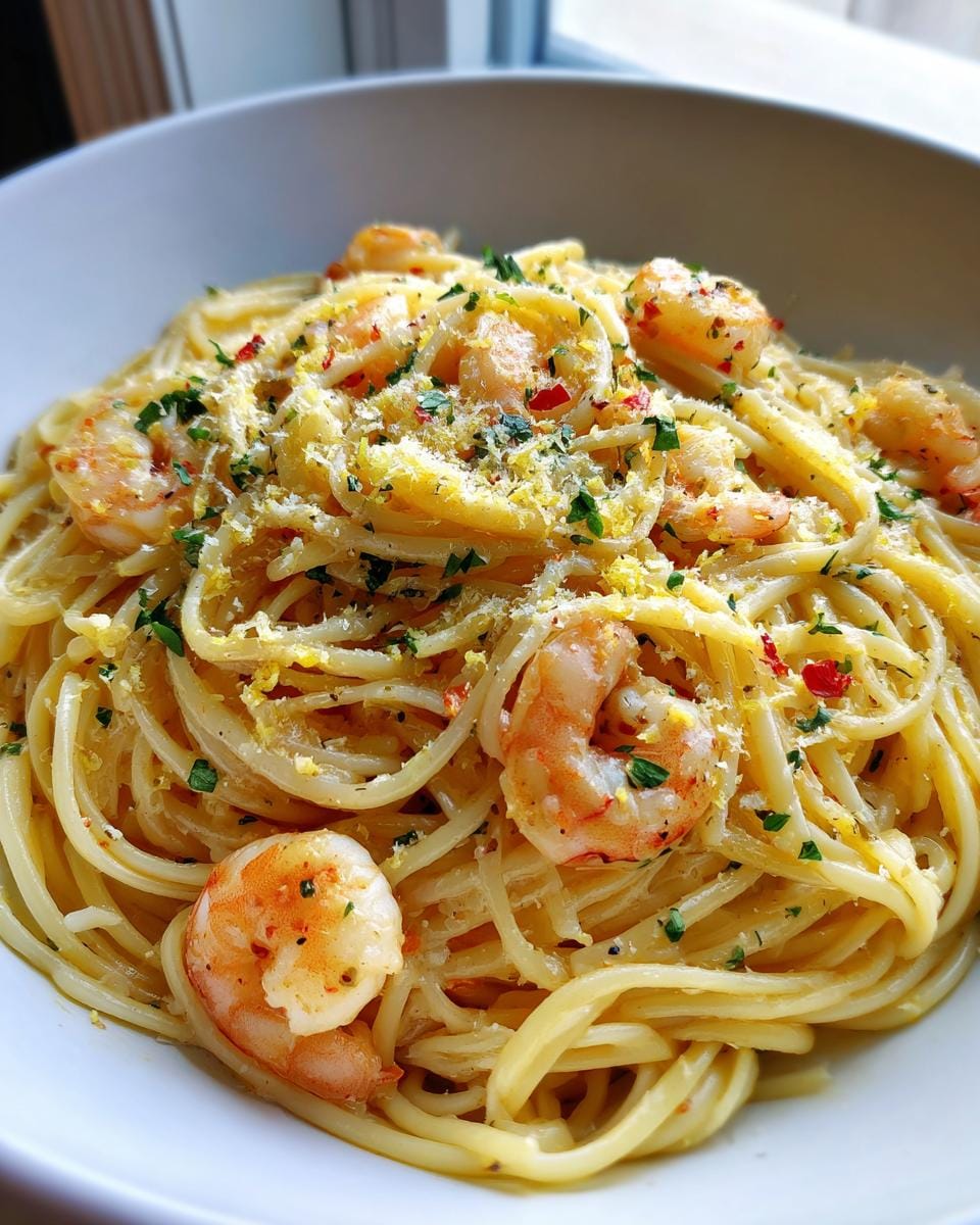 A close-up of a bowl of lemon garlic shrimp pasta, topped with fresh parsley, lemon zest, and grated Parmesan cheese.