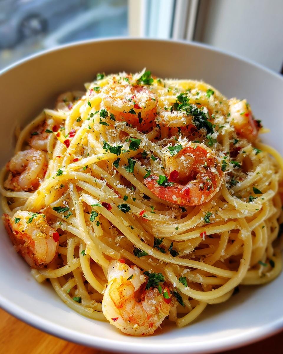 A close-up shot of a white bowl filled with lemon garlic shrimp pasta, topped with grated cheese and parsley.