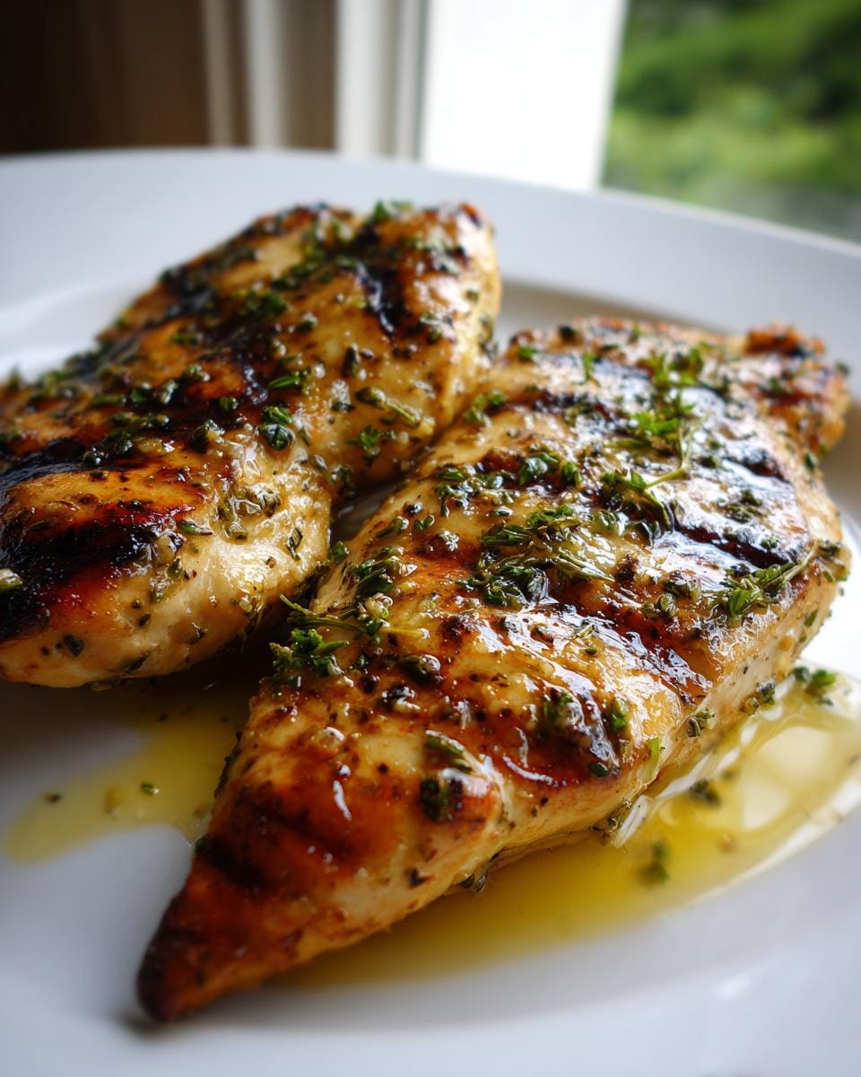 Close-up of two perfectly grilled lemon herb chicken breasts on a white plate, glistening with juices and herbs.