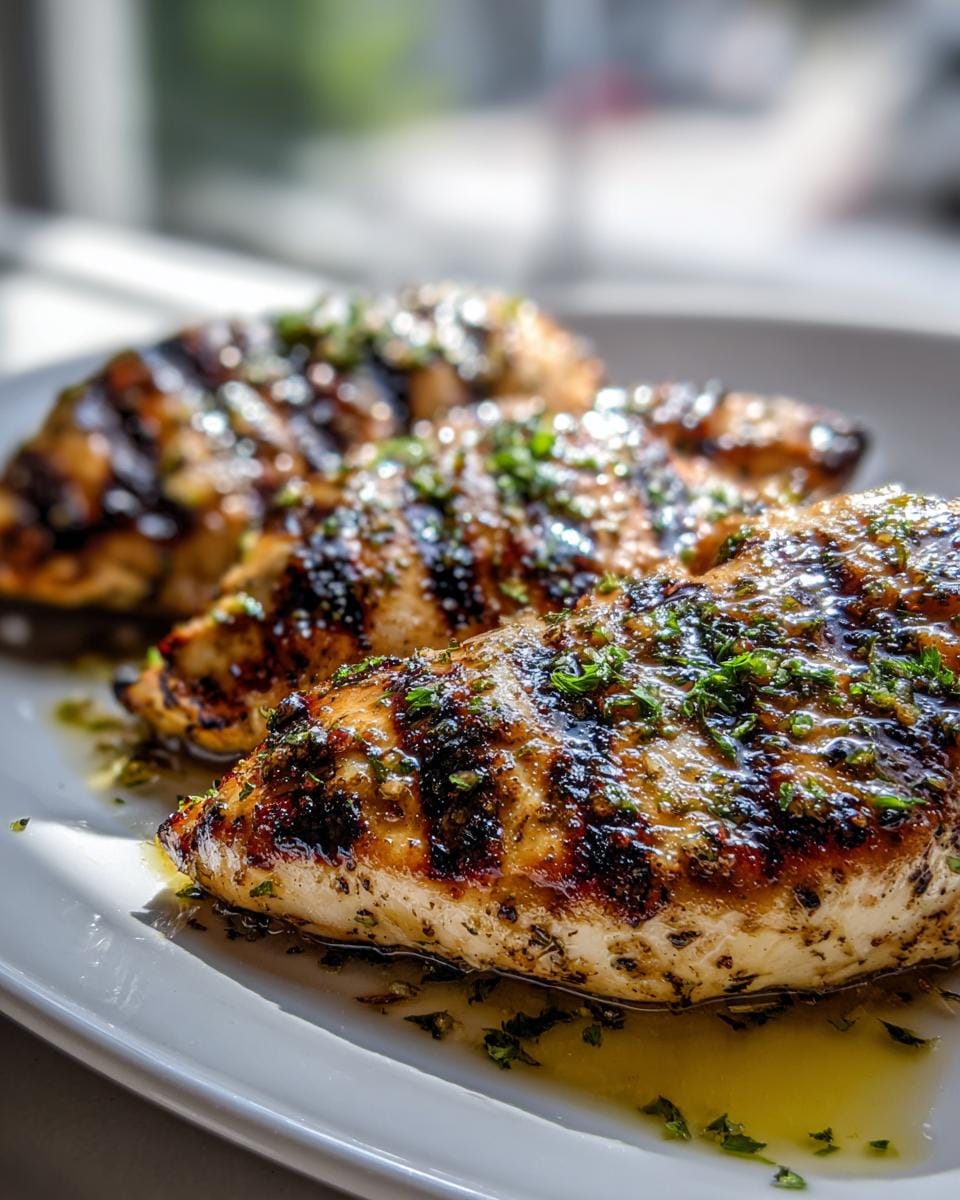 Close-up of three juicy lemon herb grilled chicken breasts on a white plate, glistening with herb-infused oil.