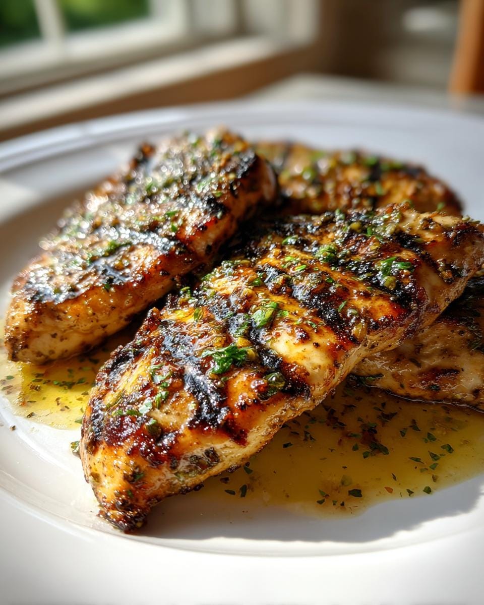 Close-up of perfectly grilled lemon herb chicken breasts, glistening with marinade and fresh herbs.