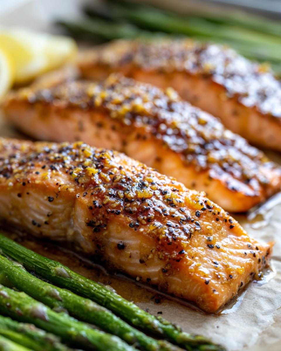 Close-up of three perfectly cooked lemon pepper salmon fillets served with fresh asparagus and lemon wedges.
