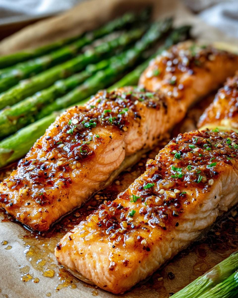 Close-up of perfectly cooked lemon pepper salmon fillets with a glistening glaze, served alongside roasted asparagus.