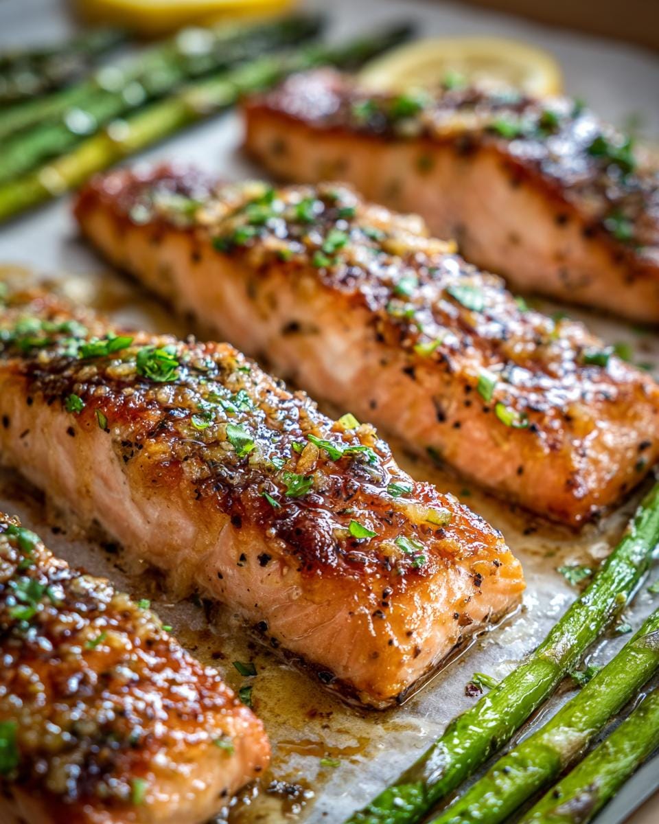 Close-up of four perfectly cooked lemon pepper salmon fillets with roasted asparagus spears.