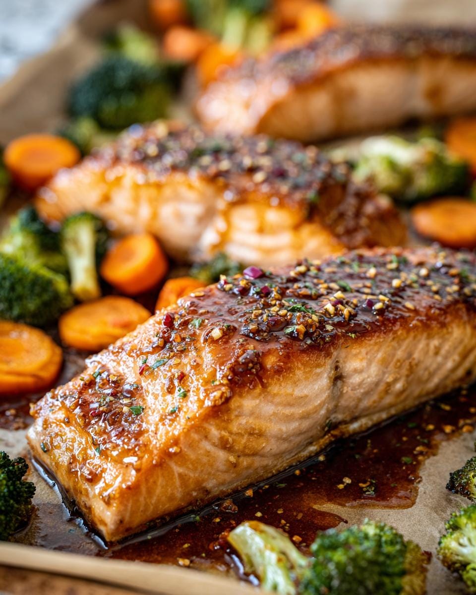 Close-up of a flaky, glazed maple dijon salmon fillet with roasted broccoli and carrots.