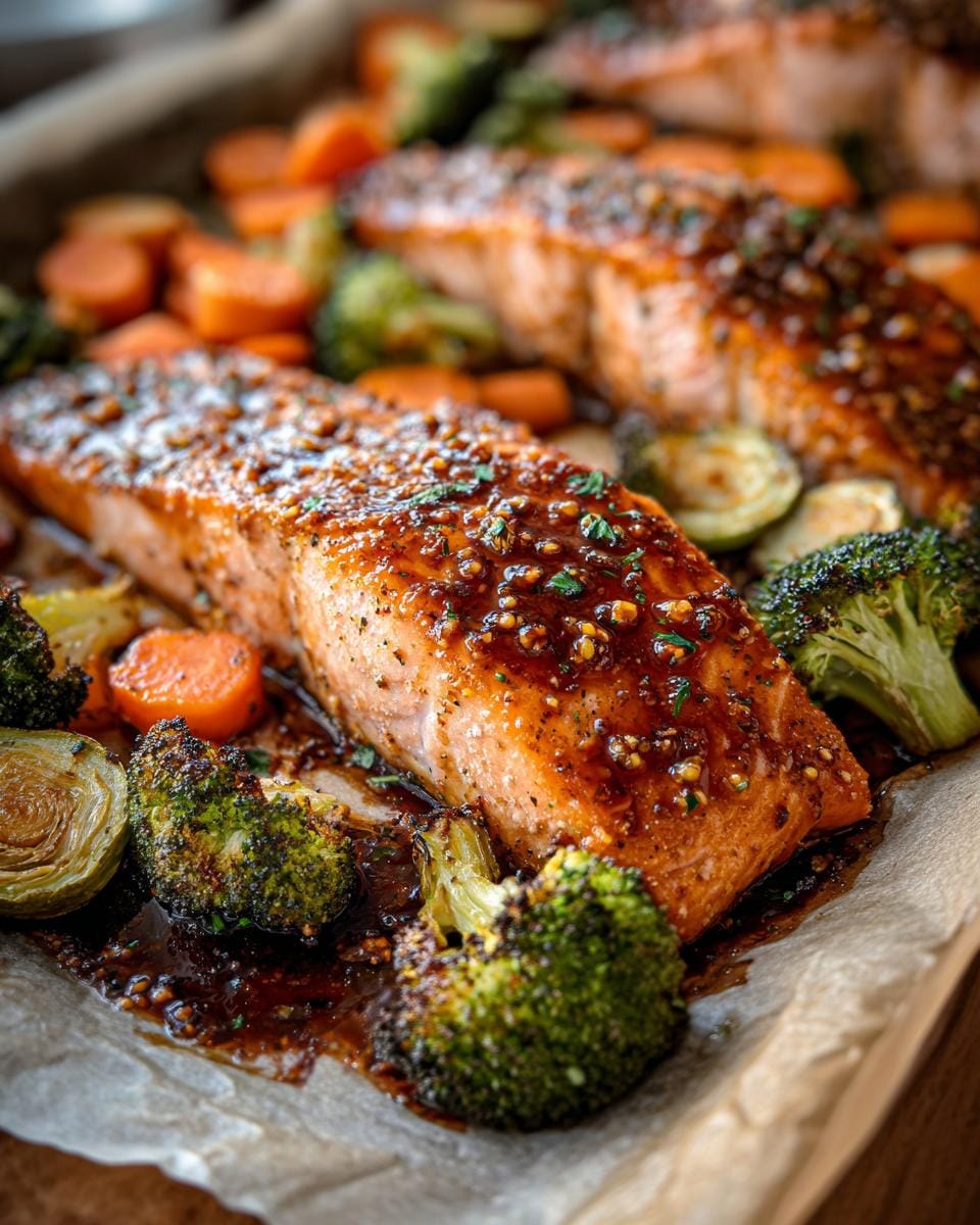 Close-up of a juicy maple dijon salmon fillet baked with roasted broccoli and carrots on a parchment-lined baking sheet.