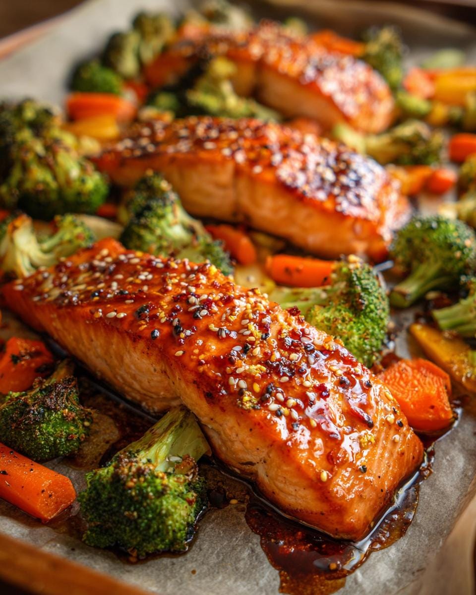 Close-up of three juicy maple dijon salmon fillets baked on a sheet pan with broccoli and carrots, topped with sesame seeds.