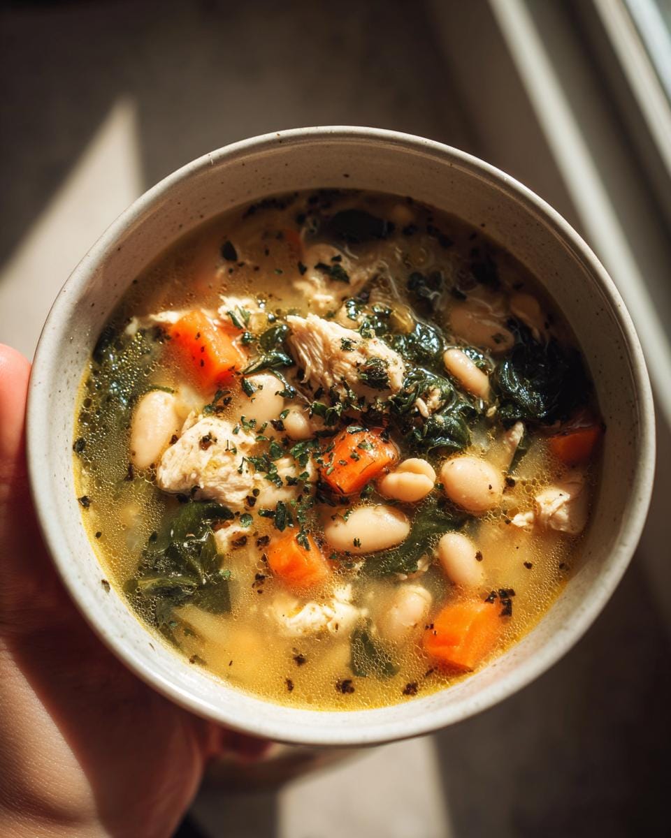 A close-up overhead shot of a bowl of hearty Mediterranean white bean chicken soup, filled with chicken, white beans, carrots, and greens.