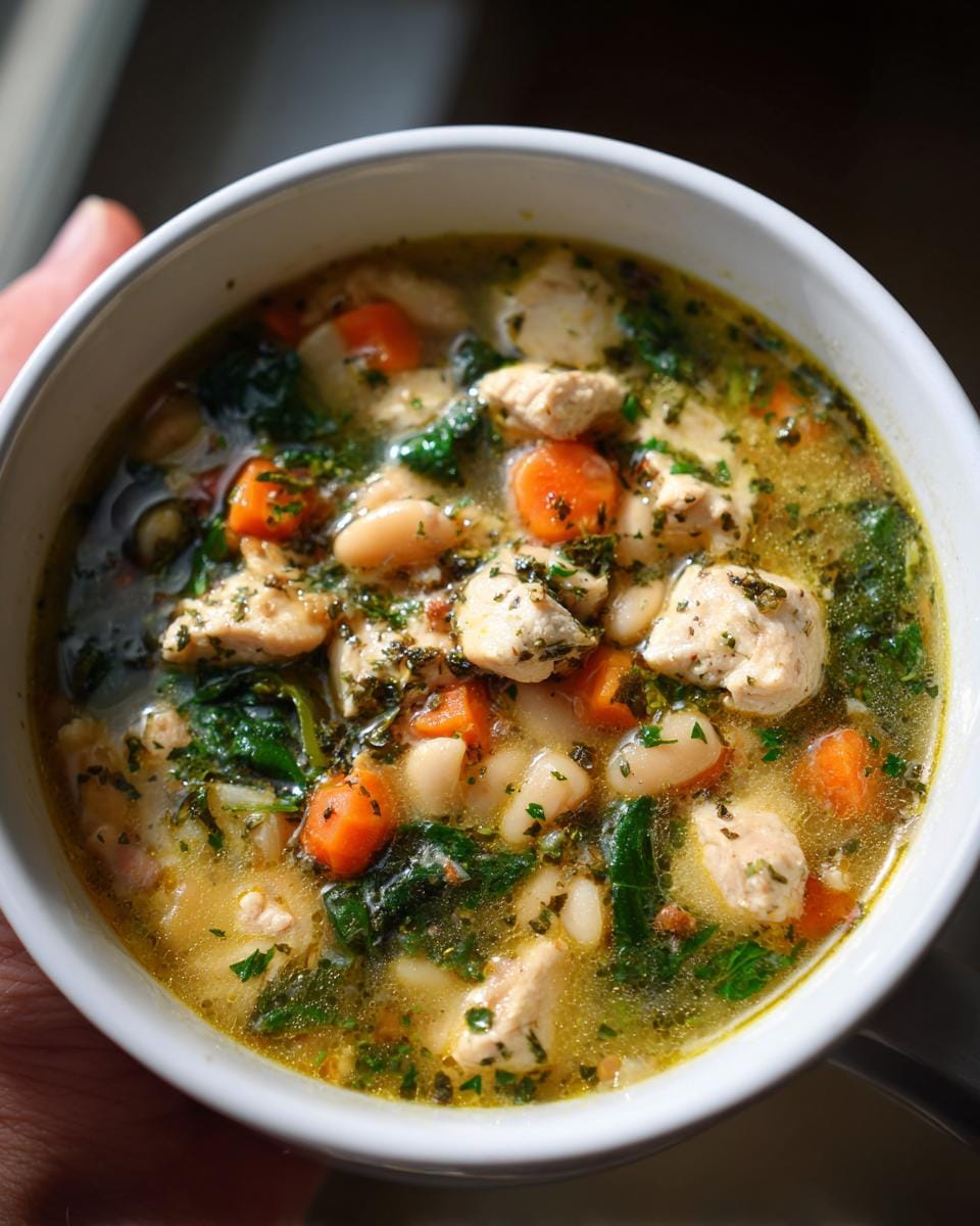 A close-up shot of a bowl of Mediterranean white bean chicken soup, filled with chicken, white beans, carrots, and spinach.
