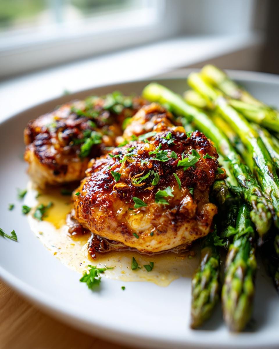 Close-up of a plate with one pan lemon chicken and asparagus, garnished with fresh parsley.