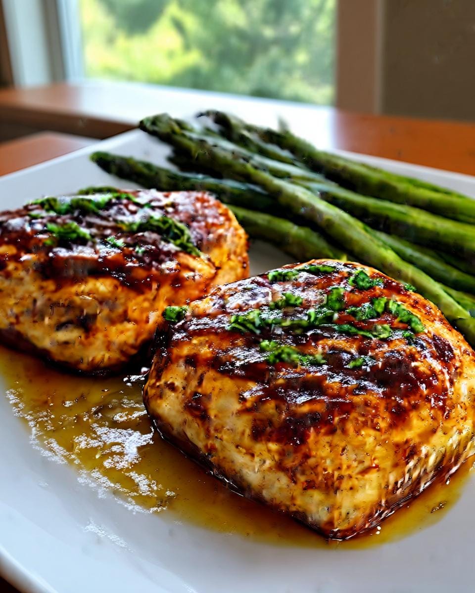 Two pieces of glazed chicken breast served with roasted asparagus on a white plate, featuring one pan lemon chicken and asparagus.