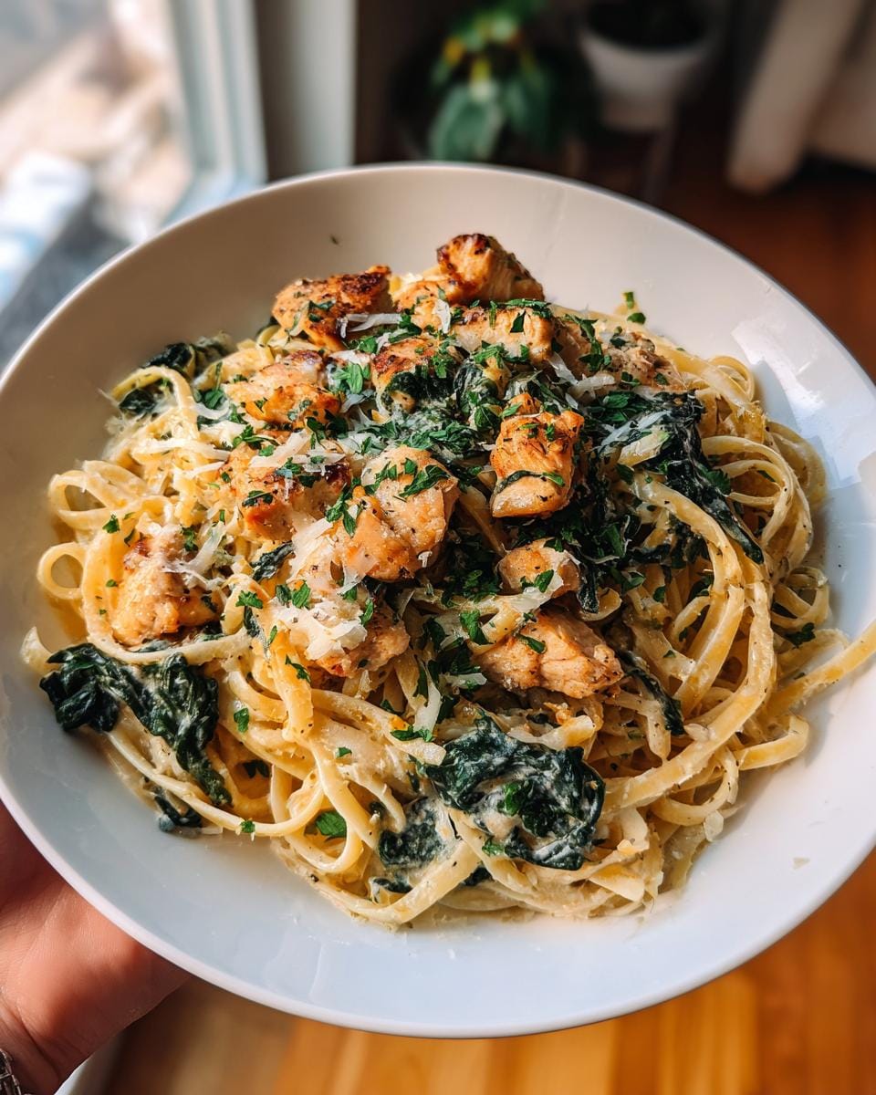 A bowl of protein pasta bone broth with tender chicken pieces, wilted spinach, and grated Parmesan cheese.
