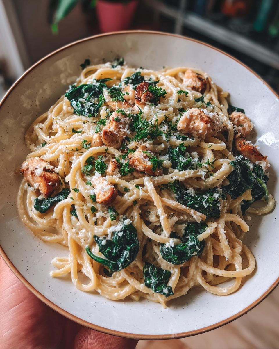 A bowl of protein pasta bone broth with tender chicken pieces, wilted spinach, and grated cheese.