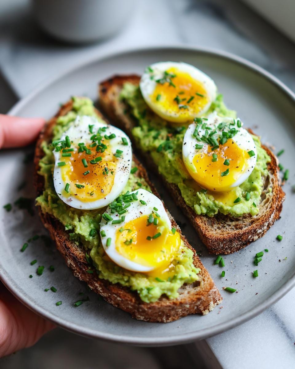 Two slices of quail egg breakfast toast topped with mashed avocado and chopped chives.