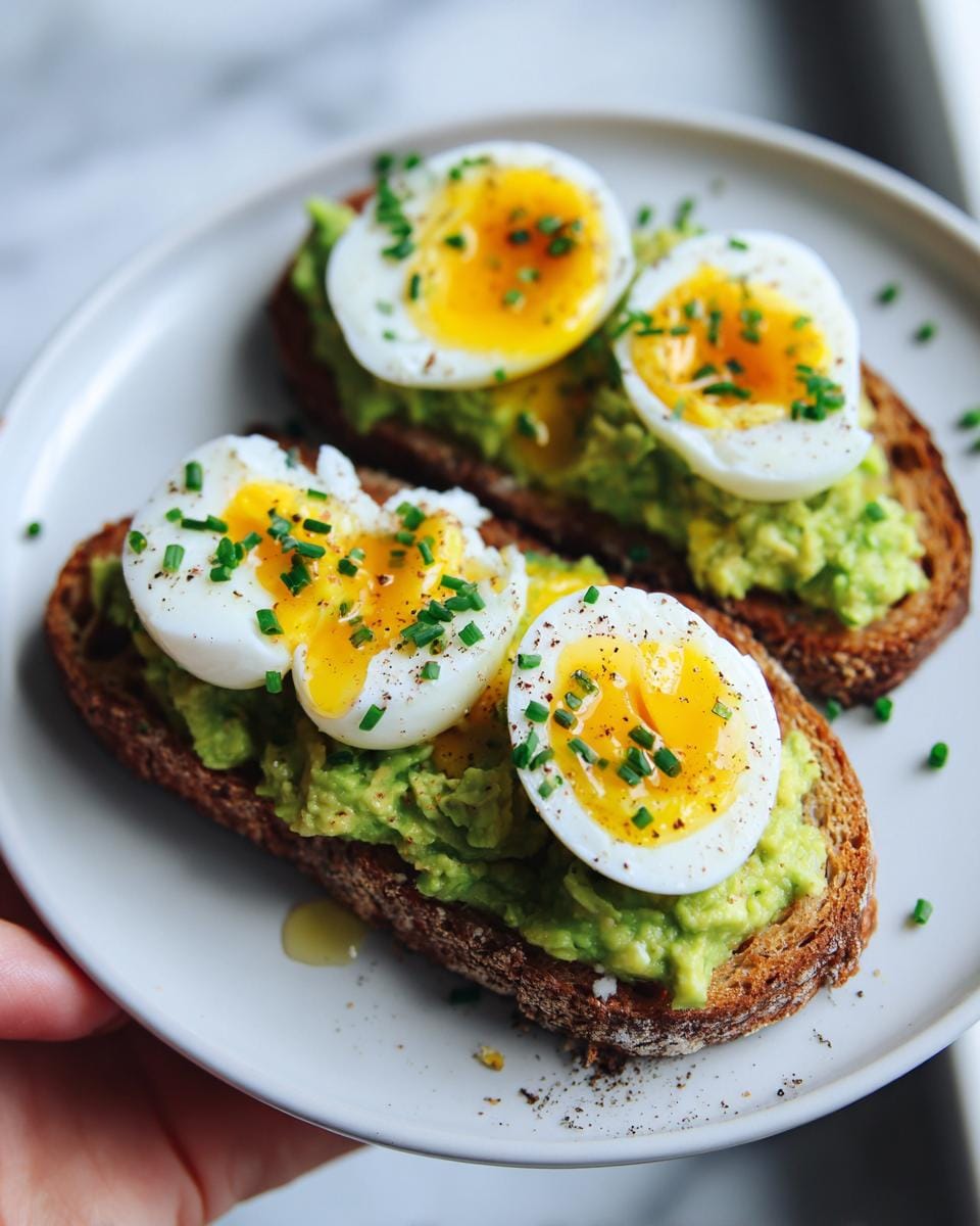 Two slices of quail egg breakfast toast topped with mashed avocado and chopped chives.