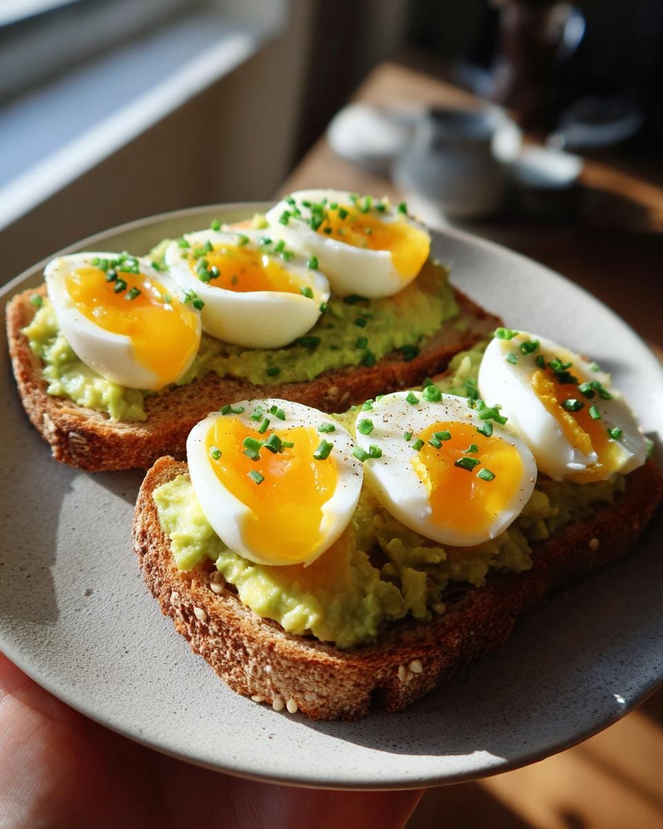 Two slices of quail egg breakfast toast topped with mashed avocado and chopped chives.