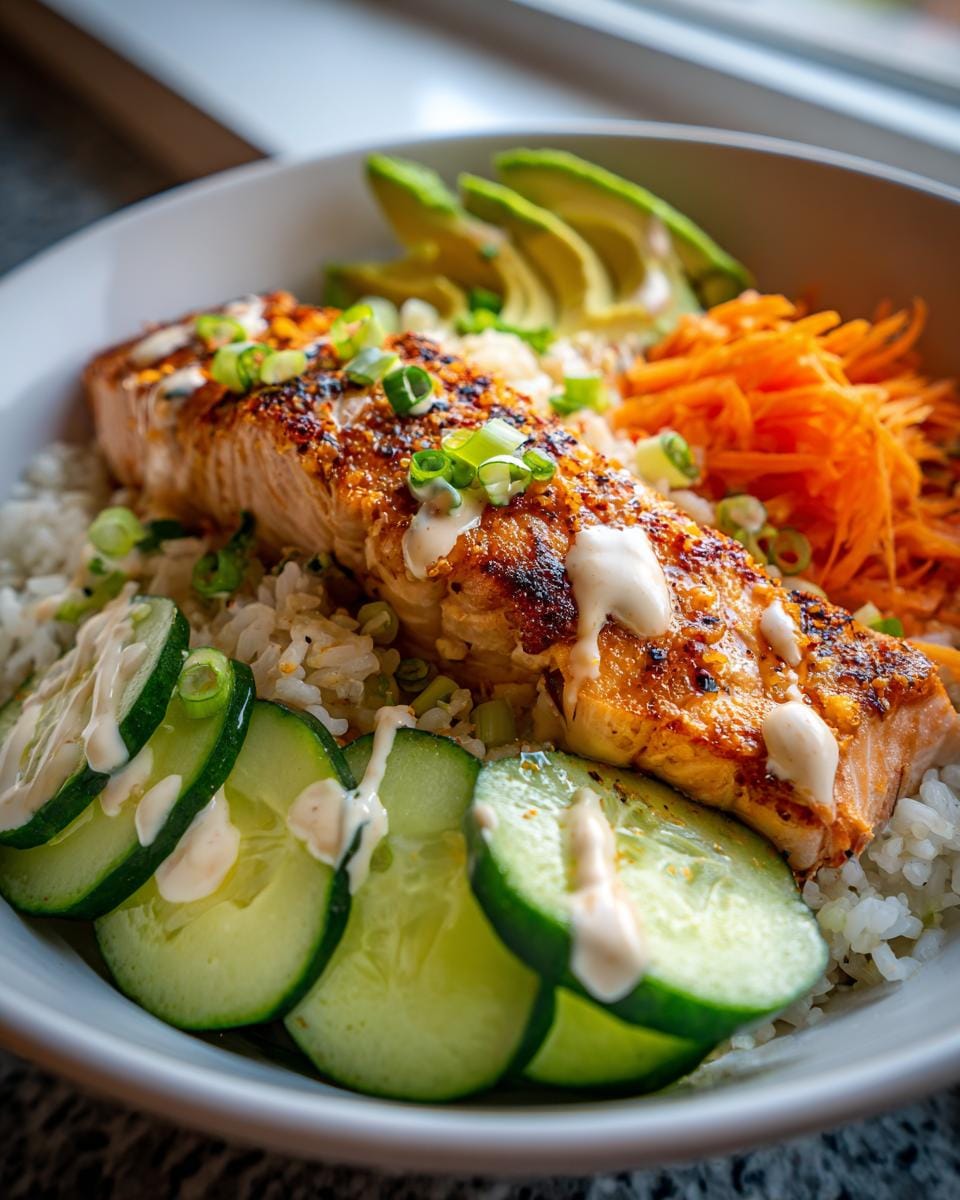 A delicious salmon rice bowl with avocado, shredded carrots, sliced cucumbers, and a drizzle of sauce.