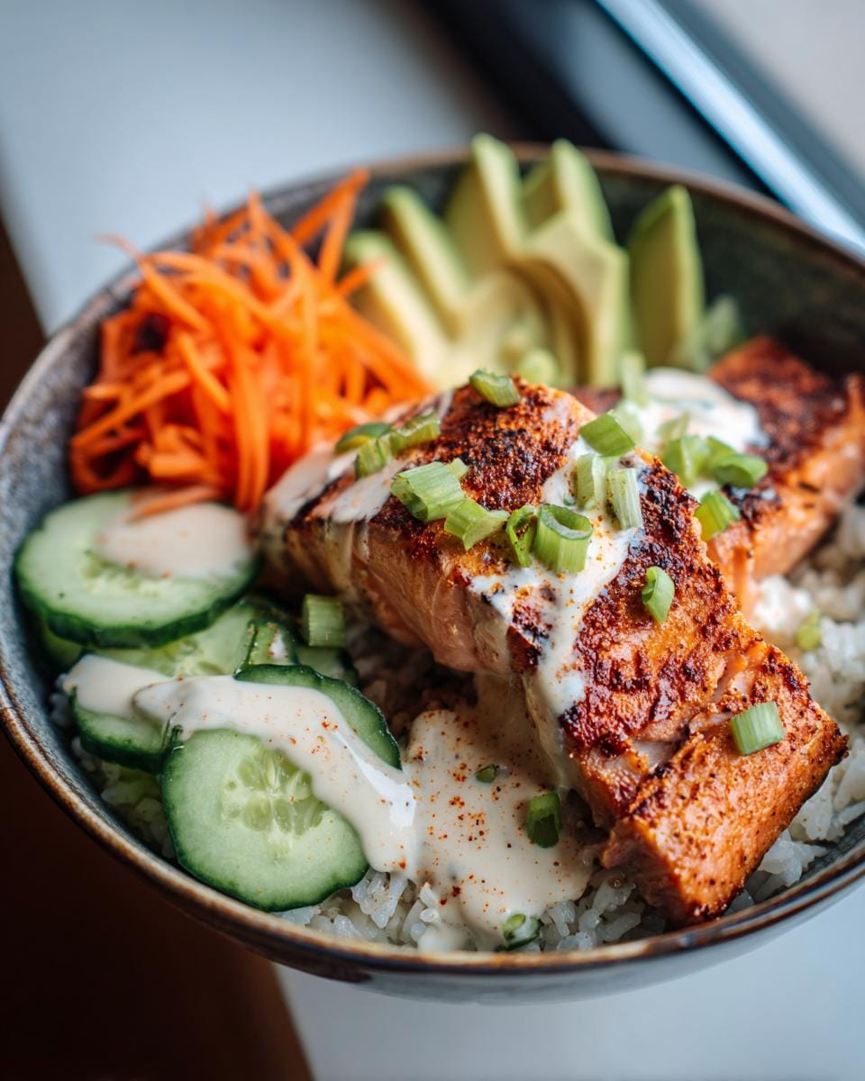 A close-up of a salmon rice bowl with avocado, shredded carrots, cucumber slices, and a creamy sauce.