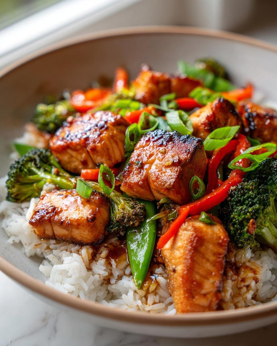 A close-up of a bowl filled with white rice topped with glistening salmon stir fry and colorful vegetables.