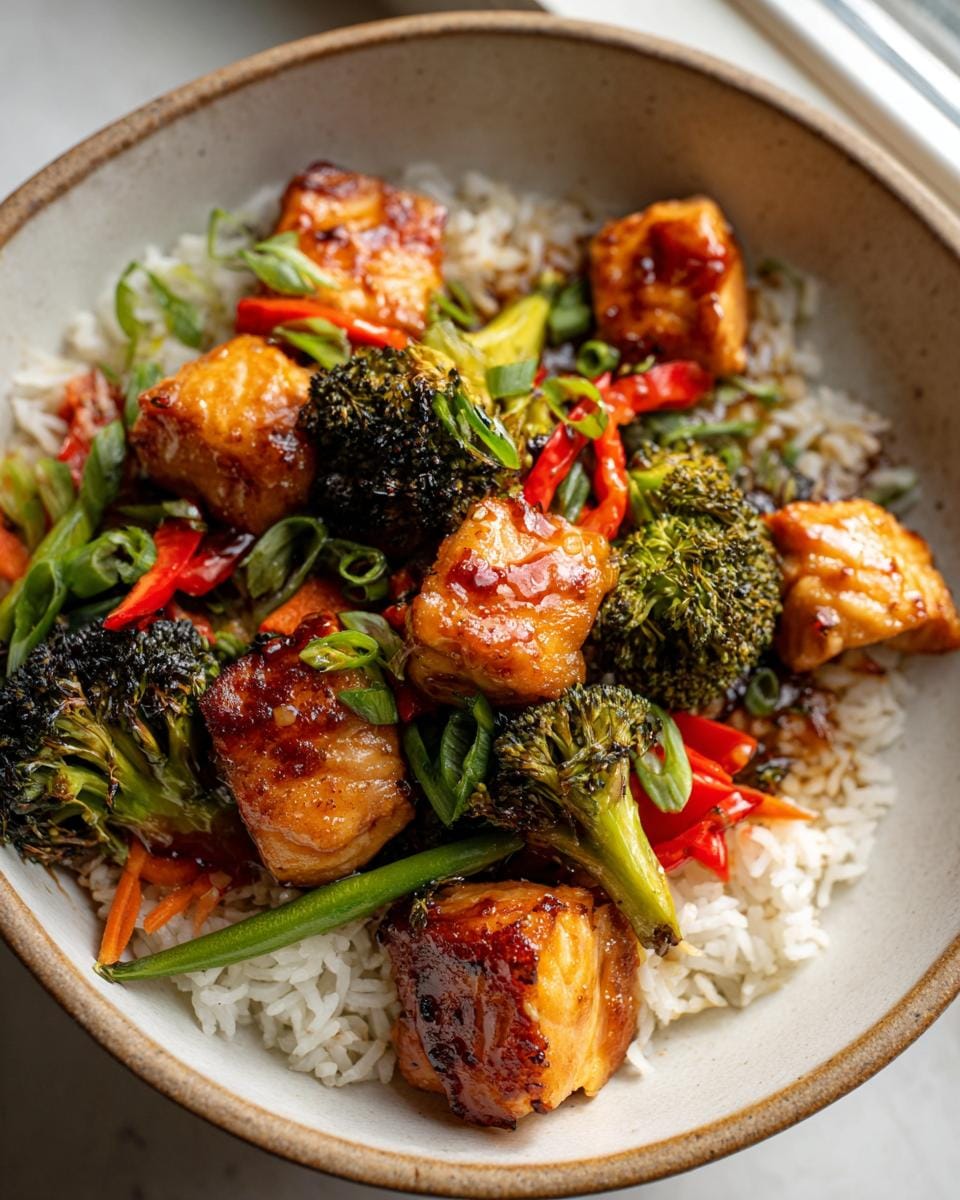 A close-up of a bowl of salmon stir fry with vegetables, featuring glazed salmon pieces, broccoli, red bell peppers, and green onions over white rice.