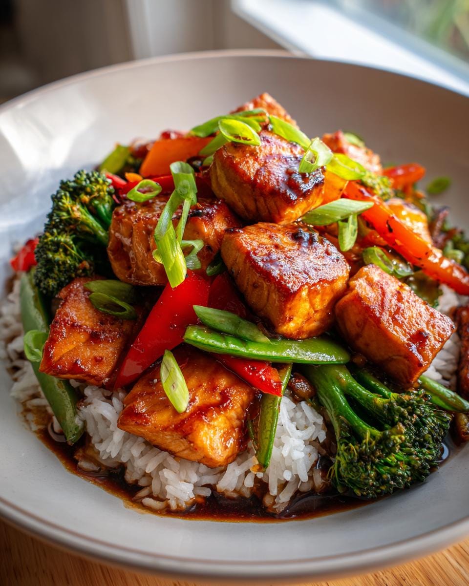 A close-up of salmon stir fry with vegetables served over white rice, garnished with green onions.