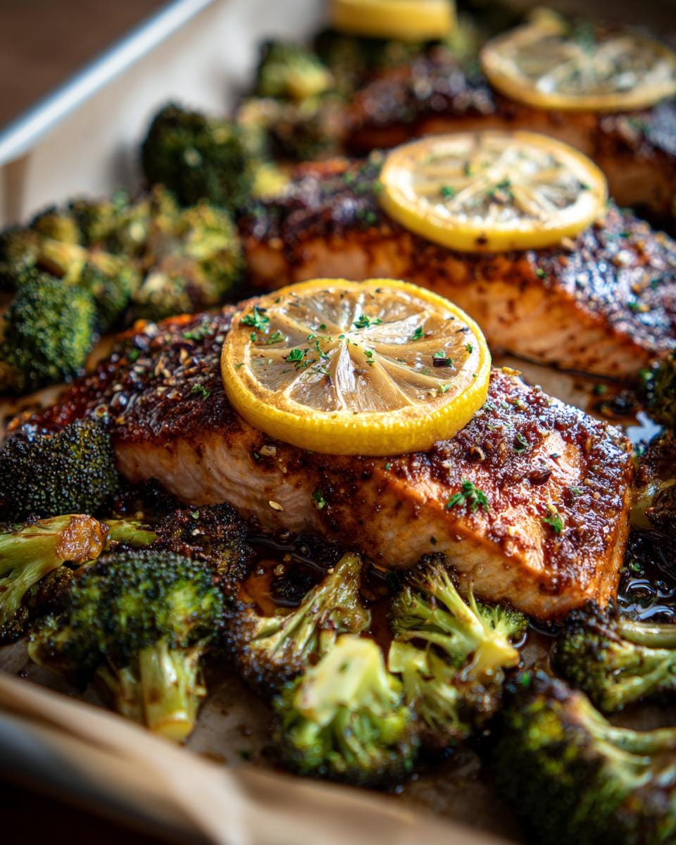 Close-up of perfectly cooked sheet pan salmon with broccoli, topped with lemon slices and herbs.