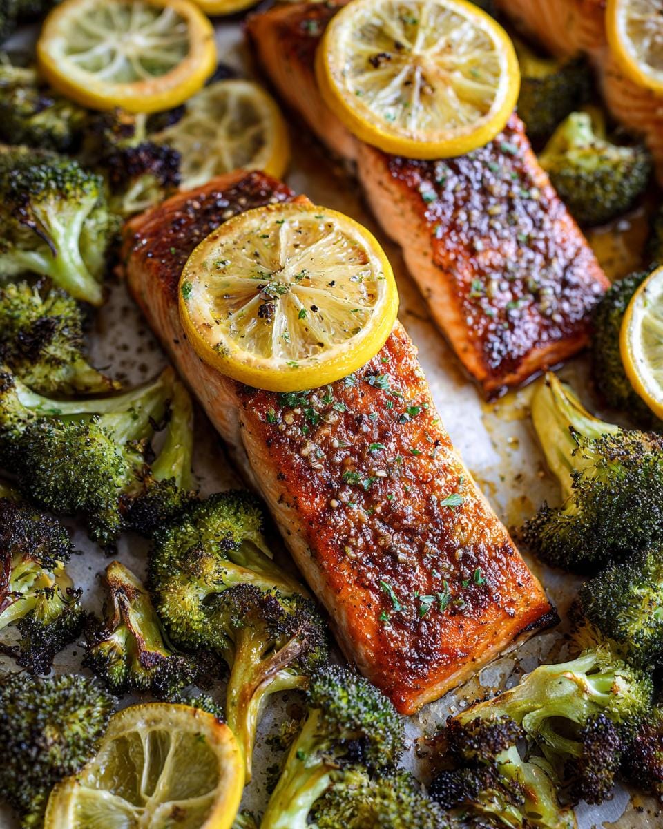 Close-up of perfectly cooked sheet pan salmon with broccoli and lemon slices, seasoned and roasted.
