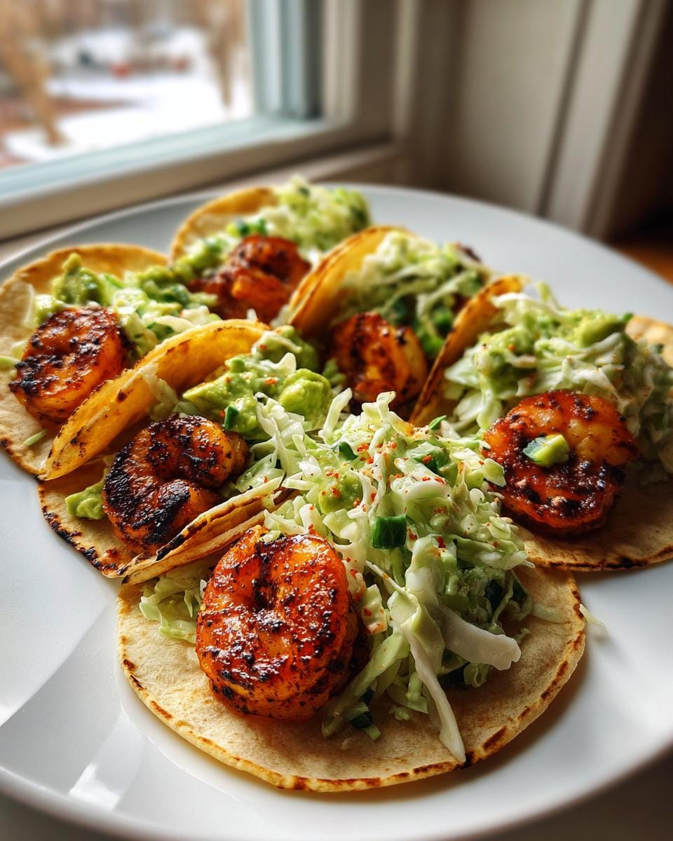 Close-up of delicious shrimp tacos with avocado slaw, featuring grilled shrimp and shredded cabbage.