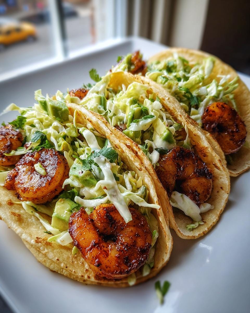 Close-up of three shrimp tacos filled with seasoned shrimp and fresh avocado slaw.
