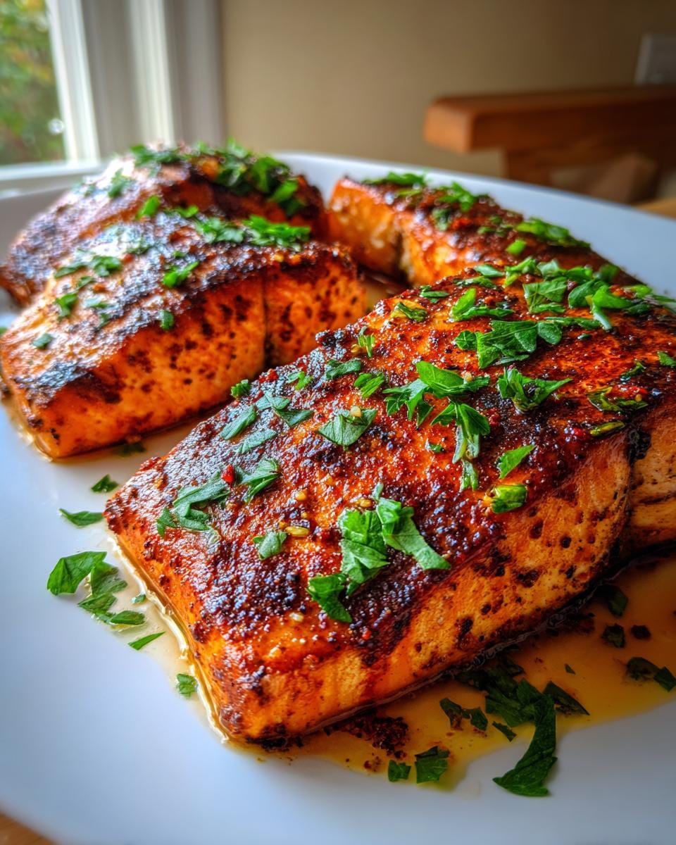 Close-up of four perfectly cooked smoked paprika salmon fillets, garnished with fresh parsley, on a white plate.