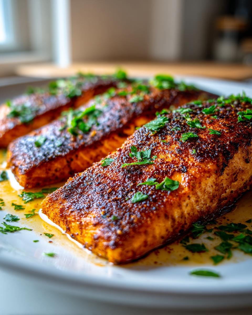 Three perfectly cooked smoked paprika salmon fillets seasoned and garnished with fresh parsley on a white plate.