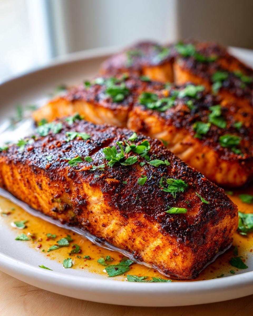 Close-up of perfectly cooked smoked paprika salmon fillets, garnished with fresh parsley and resting in a savory sauce.