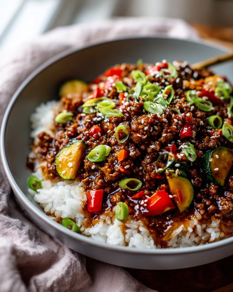 A close-up of a delicious spicy ground turkey bowl served over white rice, topped with green onions, sesame seeds, and red peppers.