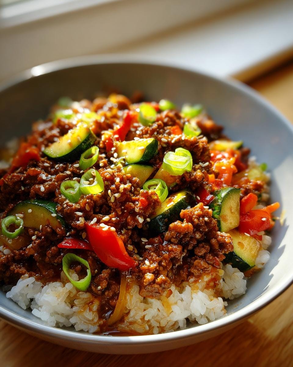 A close-up of a spicy ground turkey bowl served over white rice, topped with zucchini, red bell peppers, and green onions.