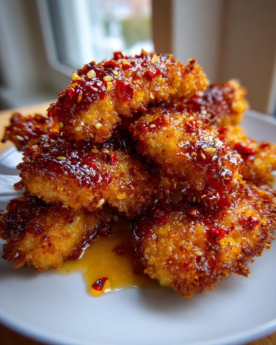A close-up, mouthwatering shot of crispy Spicy Honey Chicken Tenders coated in a glossy, red chili-flecked glaze.