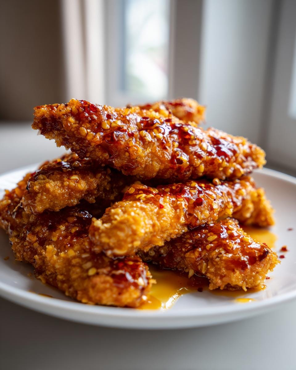 A close-up of a pile of crispy, golden Spicy Honey Chicken Tenders coated in a glistening sauce and sesame seeds.