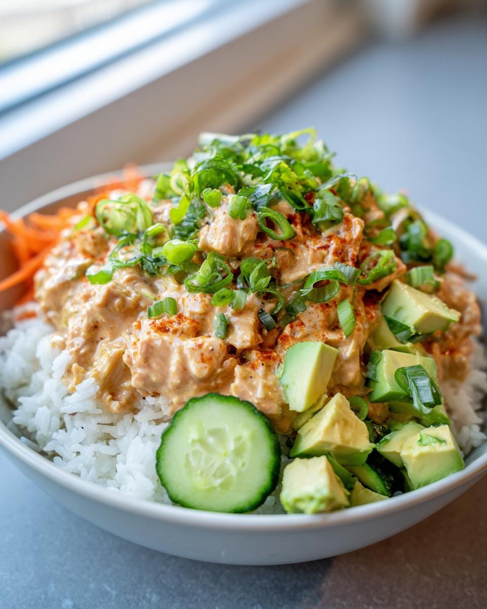A close-up of a delicious spicy tuna rice bowl topped with avocado, cucumber, and scallions.