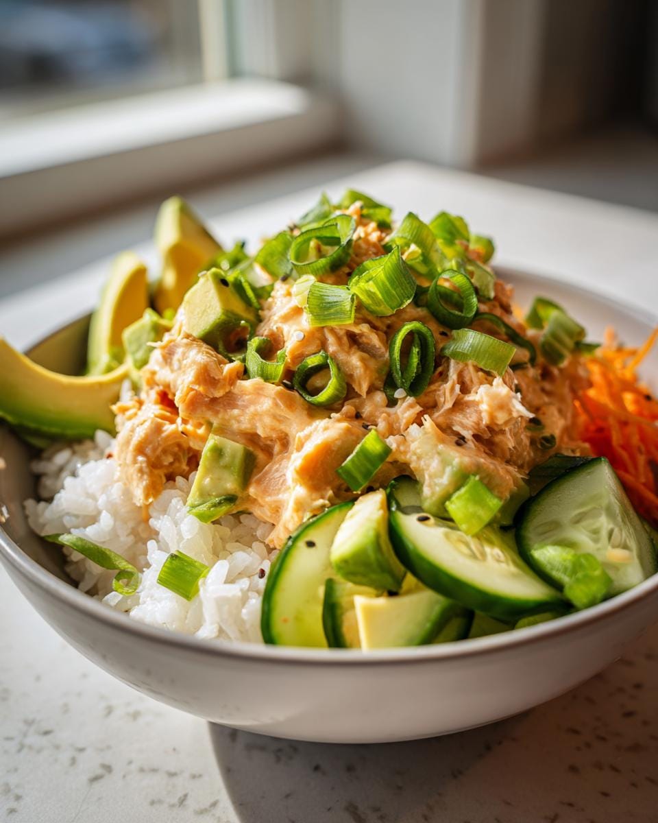 A close-up of a vibrant spicy tuna rice bowl topped with fresh avocado, cucumber, and green onions.