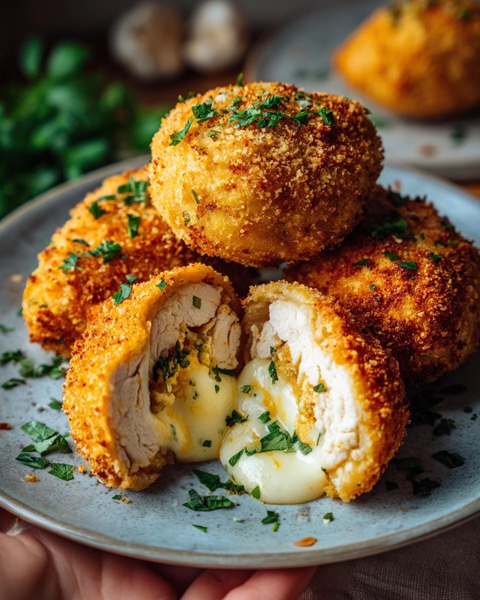 Close-up of golden-brown stuffed chicken mince pockets, one cut open to reveal melted cheese and herbs.