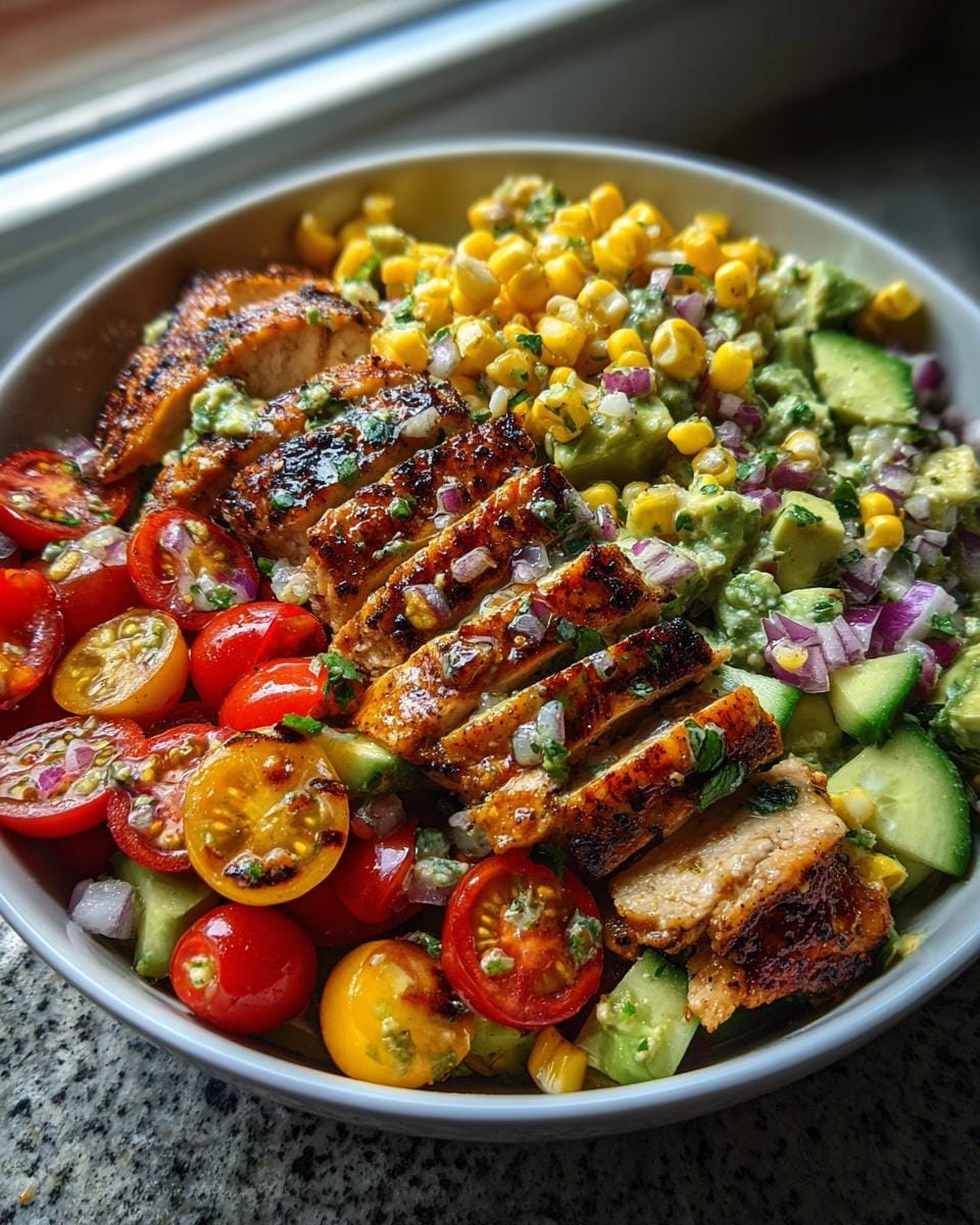 A vibrant Summer Chicken and Corn Salad featuring grilled chicken, corn, avocado, cherry tomatoes, and cucumber.
