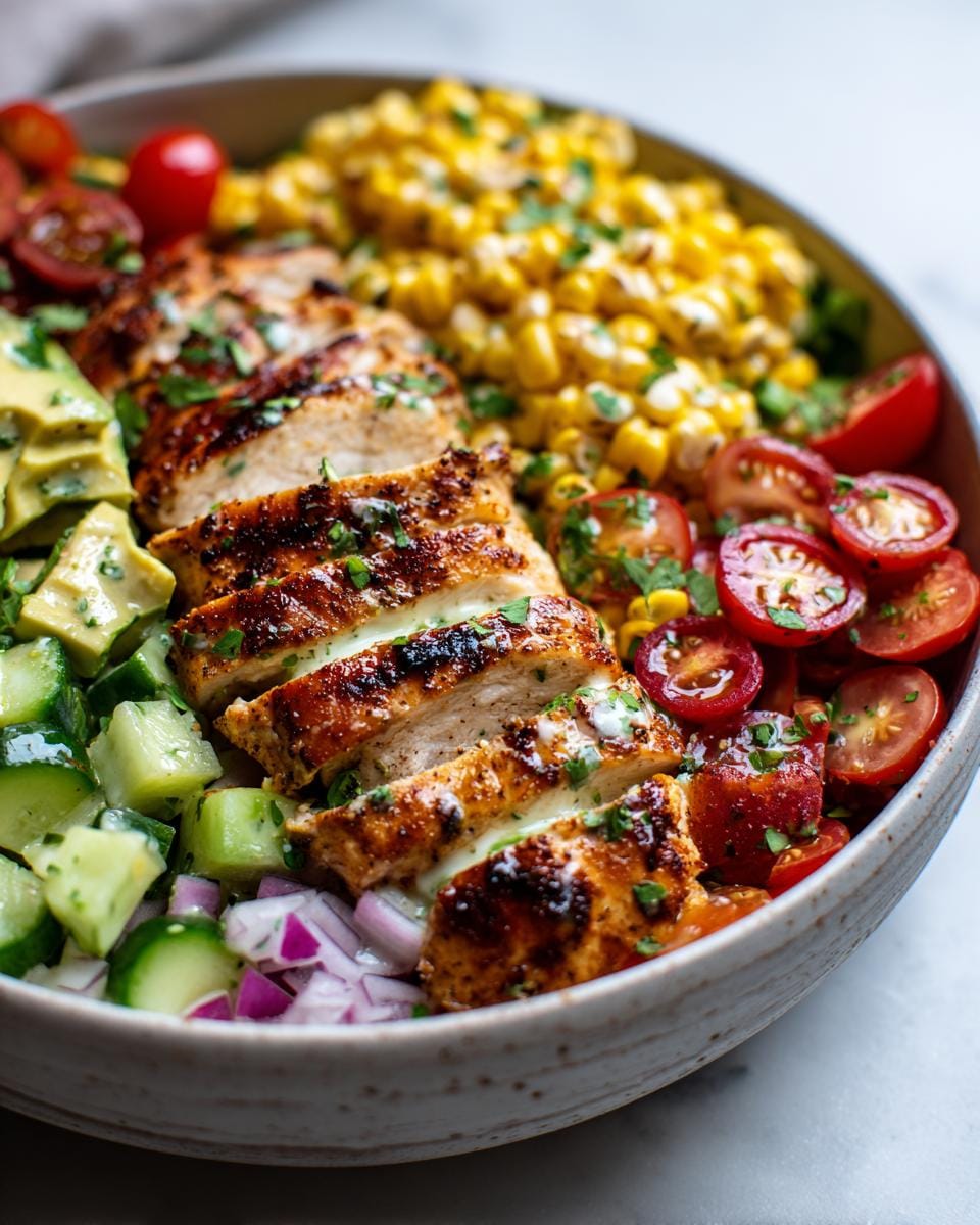 A vibrant Summer Chicken and Corn Salad featuring grilled chicken, corn, cherry tomatoes, cucumber, and avocado.