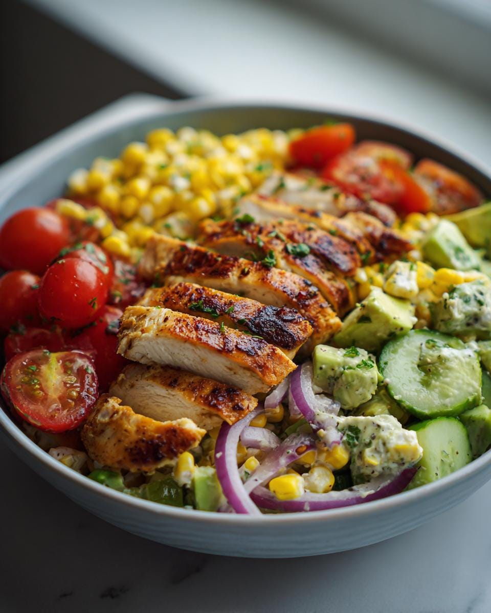Close-up of a vibrant Summer Chicken and Corn Salad featuring grilled chicken, corn, cherry tomatoes, avocado, cucumber, and red onion.